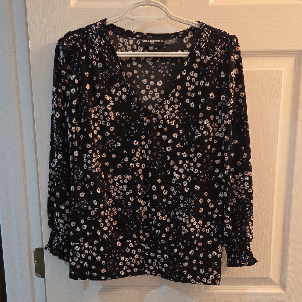 Karl Lagerfeld Black Floral V-Neck Long Sleeve Blouse with White Blossom Print